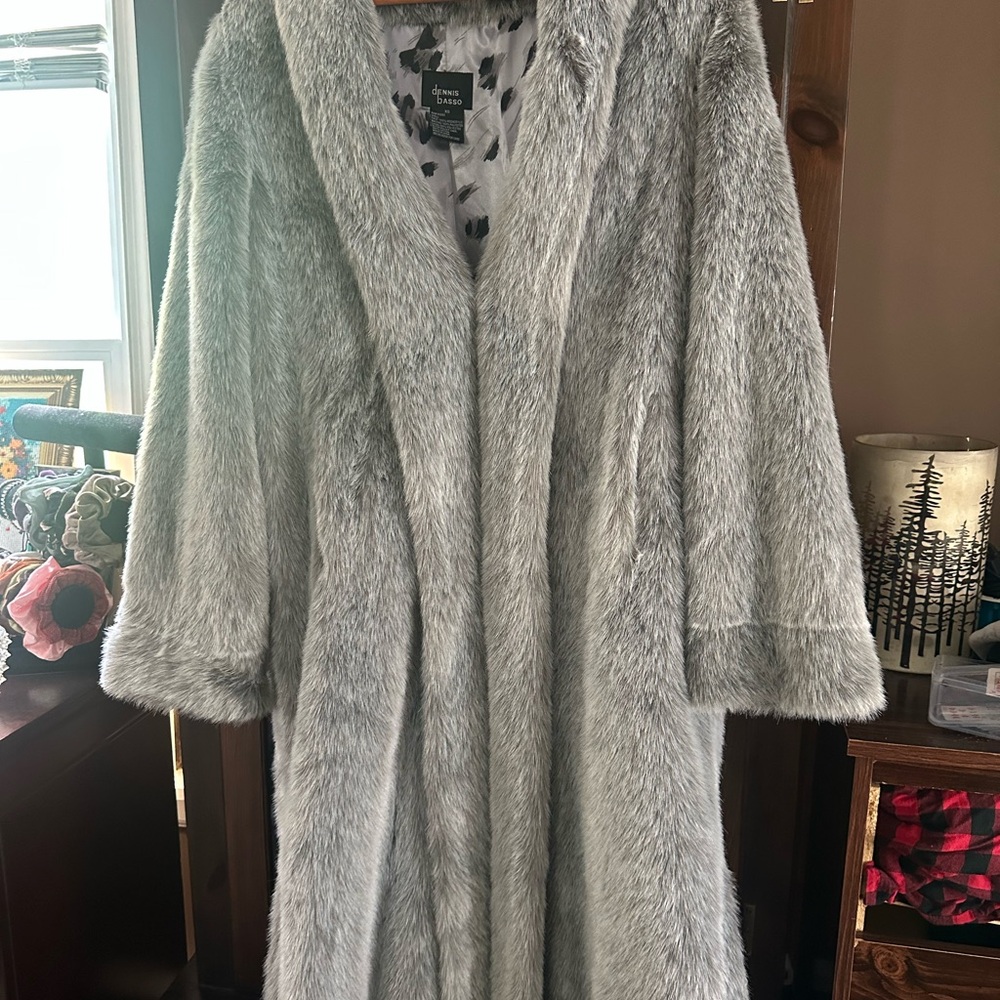 dennis basso Silver Faux Fur Long Coat